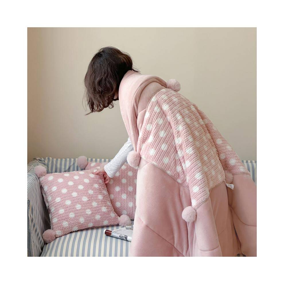 (Pink, 145x195cm) Pom Pom Pillow Blanket 2 in 1, Flannel Fleece Throw Blanket for Nap, Office, Car, Student, Plush & Thick, Removable Cover