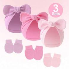 3 set rosa nyföddmössa, babymössa och reptåliga vantar för nyfödda flickor 0-3 månader, andningsbara mjuka nödvändigheter, mössa och handskar för vard - Rosa + Lila + Rosröd (0-3M)