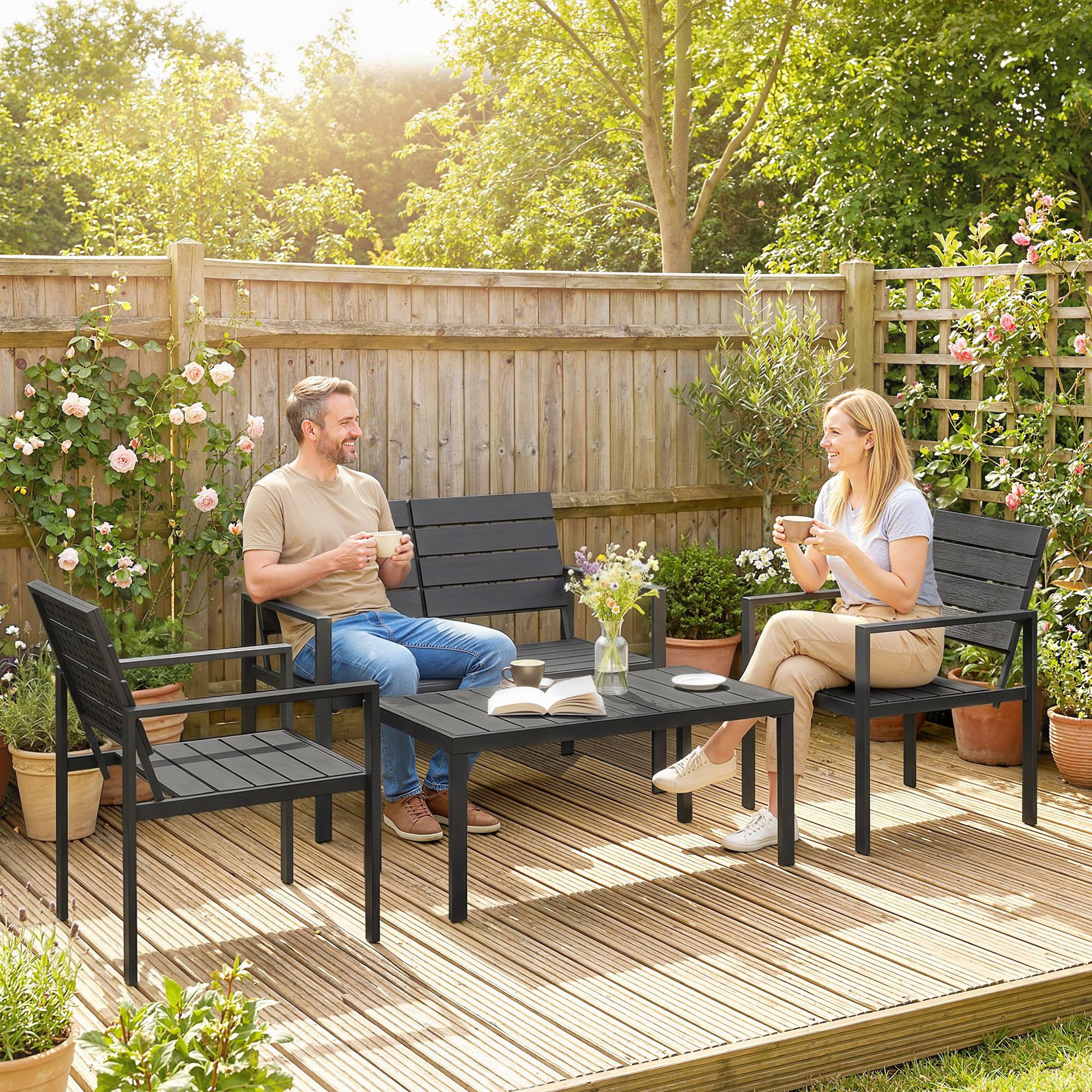 Havemøbelsæt, siddegruppe til 4 personer, havelounge med 2-personers sofa, 2 lænestole, sidebord, lameldesign, sort.