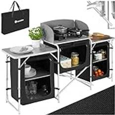 tectake® Campingkök, Mångsidigt, Hopfällbart med Värmebeständig Arbetsplatta, Vindskydd, Lätt & Portabel, Inkl. Bärväska, Lämplig för Gasspis, Med Höjdjusterbara Fötter – Idealt Campingbord - Svart