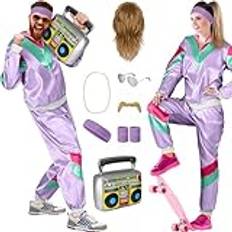 Balinco 80-tals outfit dam/herr, träningsoverall karneval kostym set, vokuhila peruk, skägg, kedja, pilotglasögon, svettband, ghettoblaster (lila I grön I rosa, M)