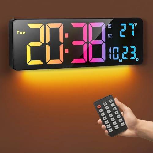 Digital väggklocka, 16 tums stor digitalklocka med 11 RGB-färger, klockslag, datum, temperatur, vecka, timer, 12/24 timmar, automatisk dimming, för vardagsrum/klassrum/gym/kyrka/butik/trädgård