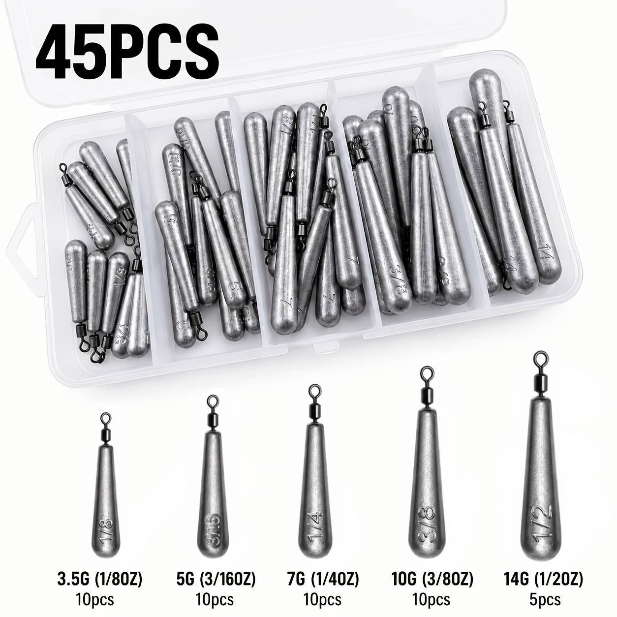 45pcs Drop Shot Fishing Weights With Swivels, 3.5g–14g Assorted Pencil Stick Sinkers With Storage Box, Long-casting Fishing Tackle For Drop Shot Rigs, Lure, Shore, Rock, Freshwater & Saltwater Fishing
