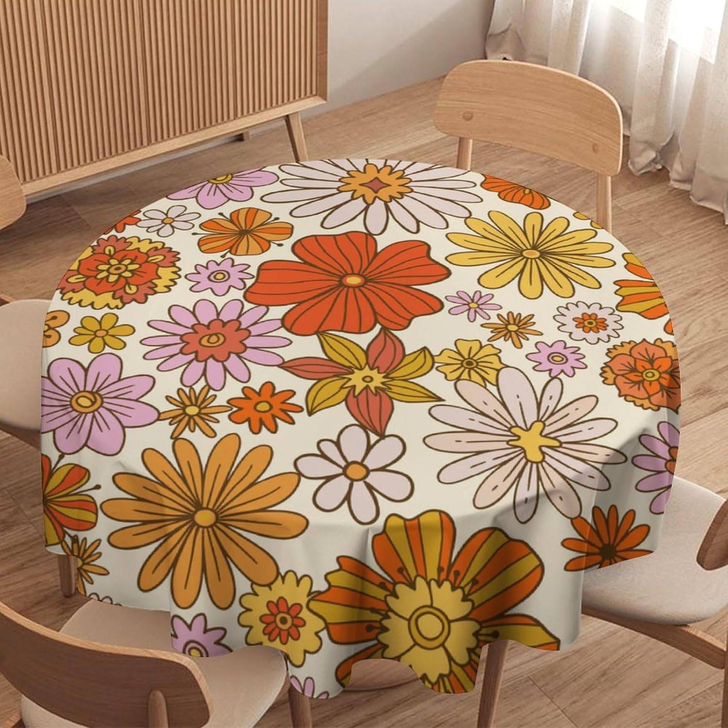 Vintage Blommig Rund Duk, Boho Färgstark 70-talsstil Hippie Groovy Blomma Gård Country Garden Vattentät Torkbar Bord
