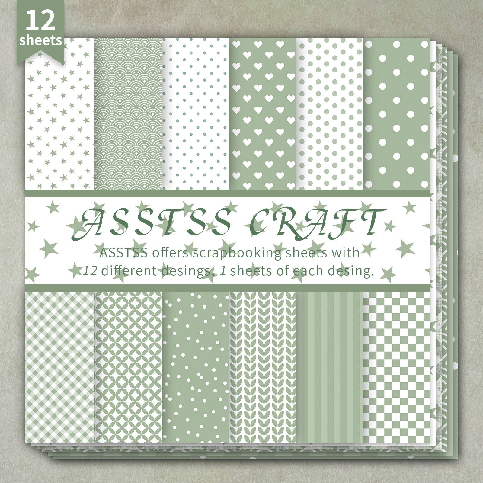 12-sheet Asstss 6*6-inch Scrapbooking Paper Pad, Soft Sage Green Minimalist Pattern Backing Paper Supplies, Heavyweight Cardstock For Journaling, Collage Art, Greeting Cards, & Crafts, 6"x6" Pack
