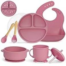 Mojinl Barnservis i silikon, halkfritt matset för barn med sugkoppar, 7 stycken BPA-fria matbestickset med sked, gaffel, skål, haklapp, babymugg, lär-dig-dricka-kopp och tallrik med lock