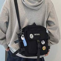 Multi-Pocket Buckle Messenger Bag With Pendant (DIY Random Badge Color Random) Solid Color Casual Shoulder Bag, Adjustable Shoulder Strap Zipper Satch - Black - one-size