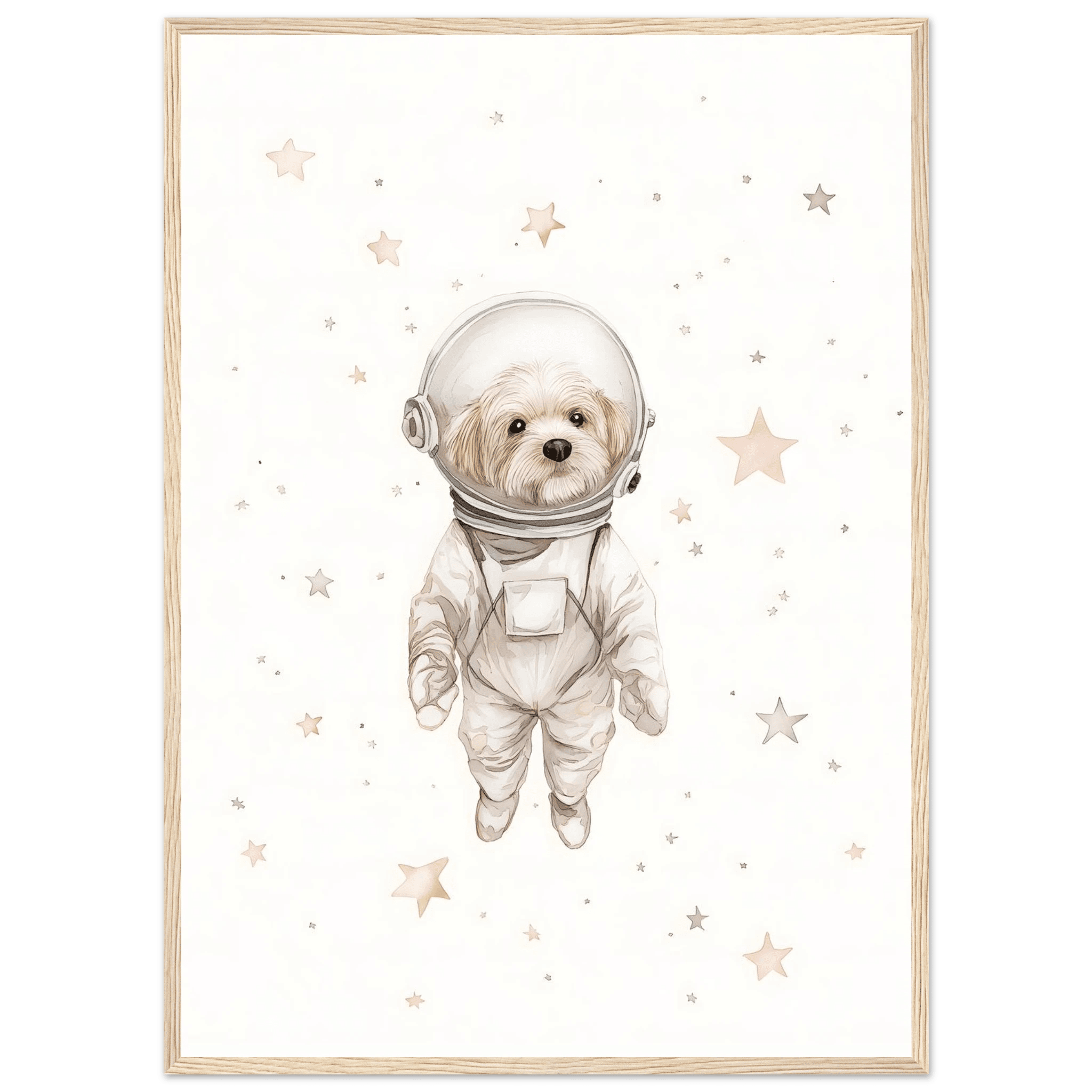 Hund i rymden poster-50x70 cm / 20x28″ / Med ram / Ljust trä