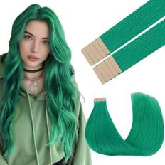 GOO GOO Tape in Hair Extensions äkta hår, grön 10 st 25 g 35 cm, färgad tejp i äkta hårförlängningar, silke och mjuk osynlig tejp, rakt Remy Hair highlighted för fest