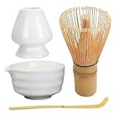 Matcha vispset keramisk matcha-visp återanvändbar matcha-set elegant matcha-kit innehåller matcha-skål med pip, Matcha visphållare, bambu visp och bambuskopa för teälskare, vit