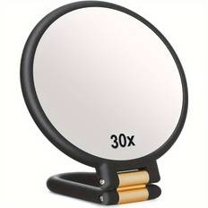 TEMU Dual-sided 1x/30x Magnifying Handheld Makeup Mirror With 360° Adjustable Handle – Portable, Travel-, No Batteries Needed, Sleek Black Frame & Golden Accents, Precision Grooming