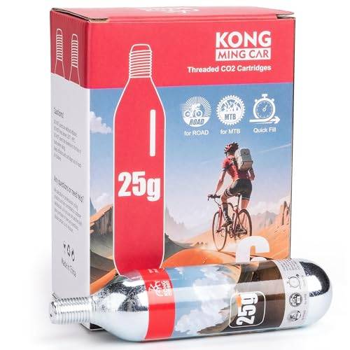 KONG MING CAR CO2-patroner med gänga, 16 g/25 g CO2-patroner med gänganslutning för alla CO2-cykeldäckfyllare, CO2-pump för vägcyklar och mountainbikes (25 g x 6 pack)