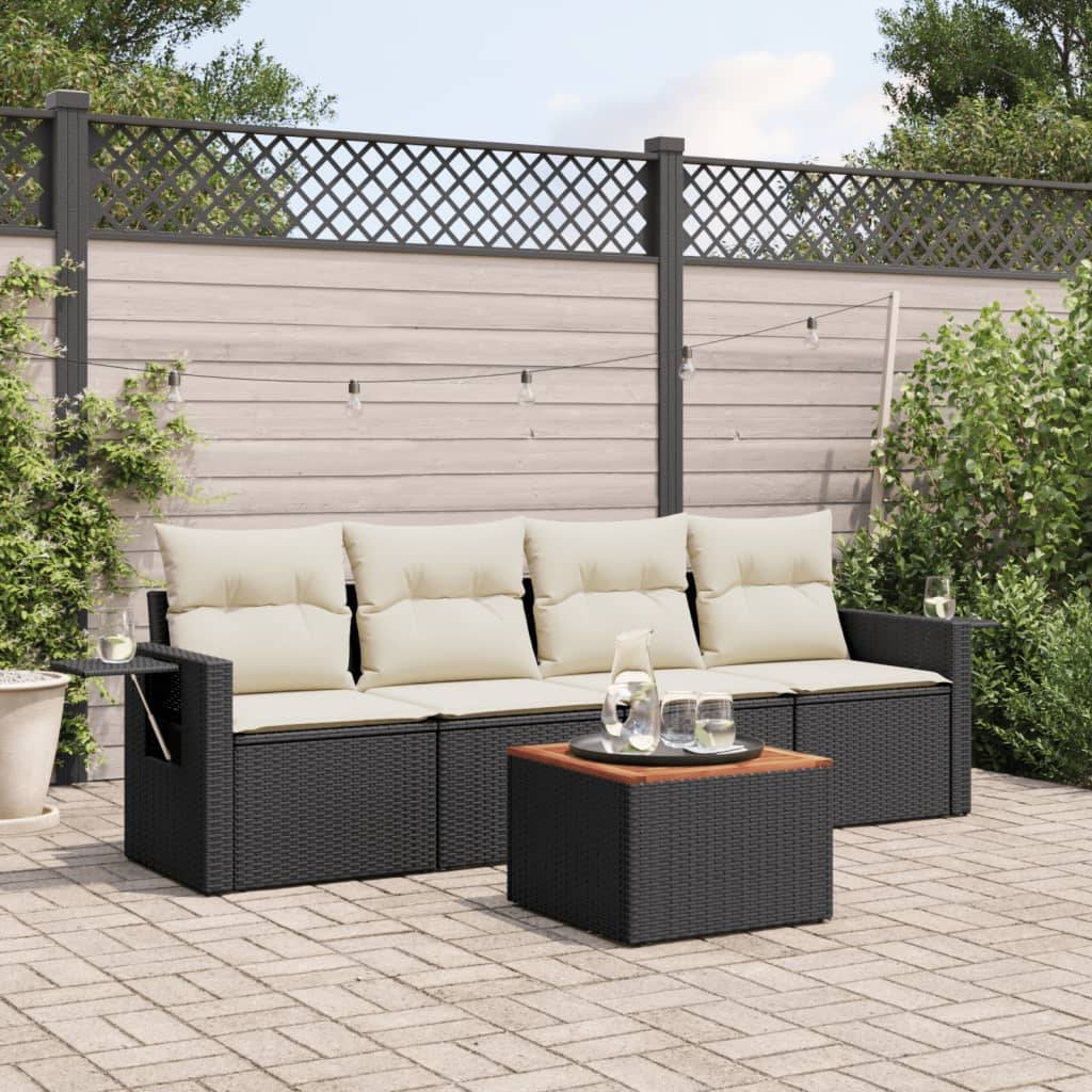 Sofasæt 5 Dele Med Hynder Polyrattan - Sort og cremefarvet