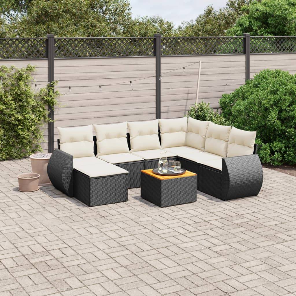 Sofasæt Til Haven 8 Dele Med Hynder Polyrattan - Sort og cremefarvet / hjørnedel bord 3x midterdel