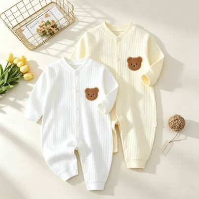 2 st babyjumpsuits, gult och vitt broderat björnmönster, nyfödd, lämplig för alla årstider - Multifärgad (6-9M,9-12M,12-18M,1-3M,3-6M)