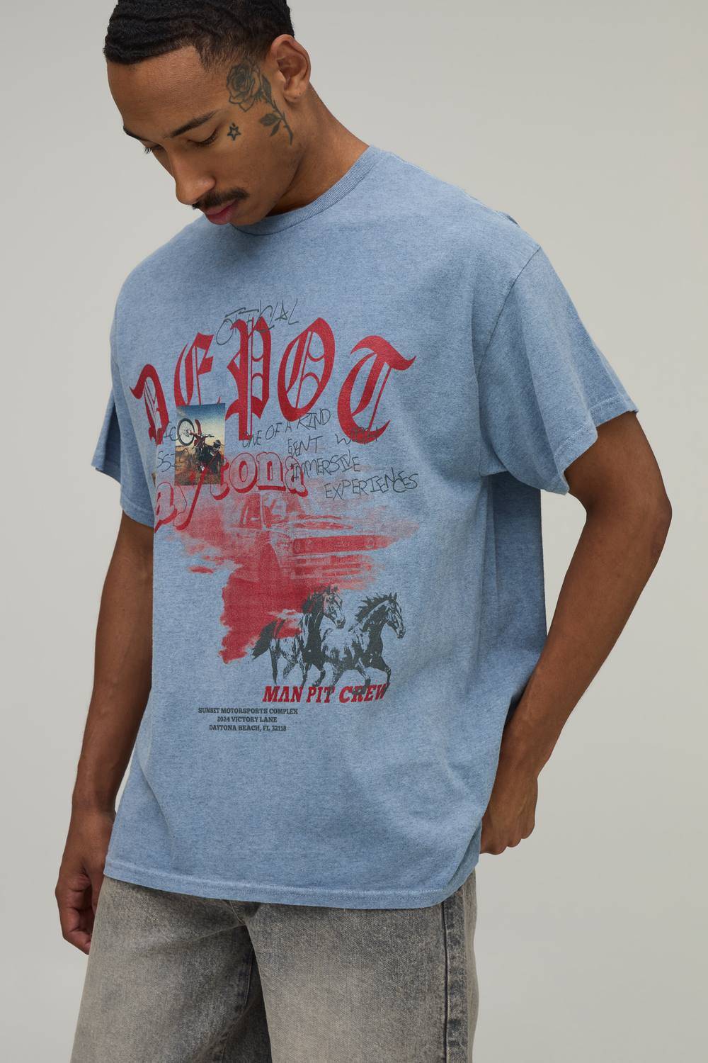 Oversized Depot Western Graphic Washed T-Shirt | Denim Blue | Size Large