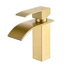 ONECE Tvättställsblandare, Vattenfall Badrumsblandare, Vattenfall Vattenkran för Badrum, Handfatskran i 304 Rostfritt Stål, Blandare Vattenfallsdesign, Engreppsblandare Varmt Och Kallt Vatten, Guld