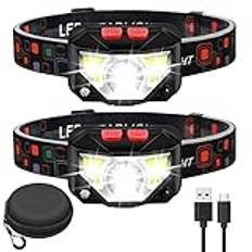 GARRAS Uppladdningsbar LED-pannlampa, 800 lumen främre ficklampa med vitt rött ljus, 2-pack vattentät rörelsesensor, strålkastare, 8 lägen för camping, fiske, cykling, löpning