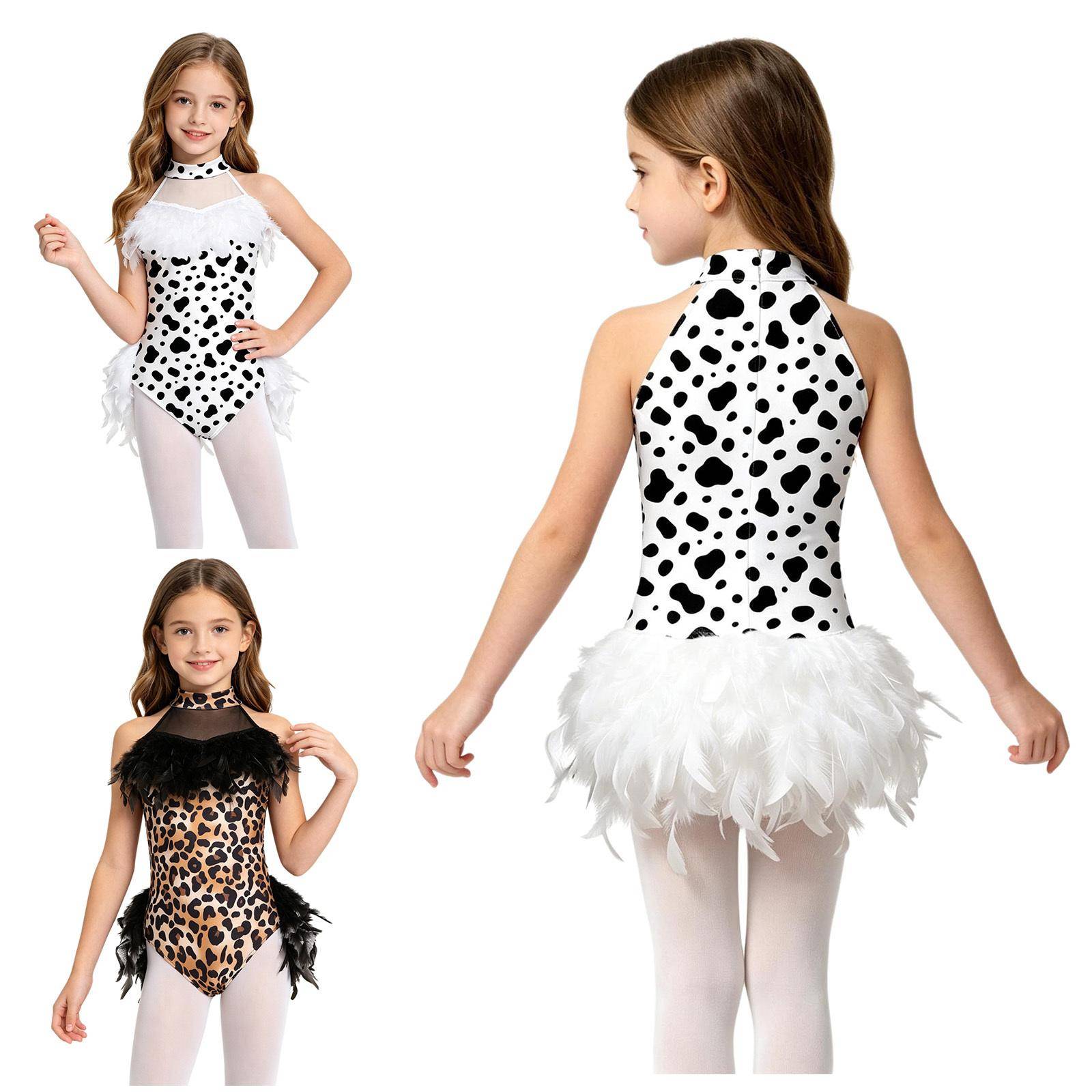 Flickors Dalmatianspräckliga Cosplay-dräkt Ärmlös Helkroppsdräkt med Luddig Fjäderkant vid Bröstet och Midjan för Halloweenfest Kostym cm vit