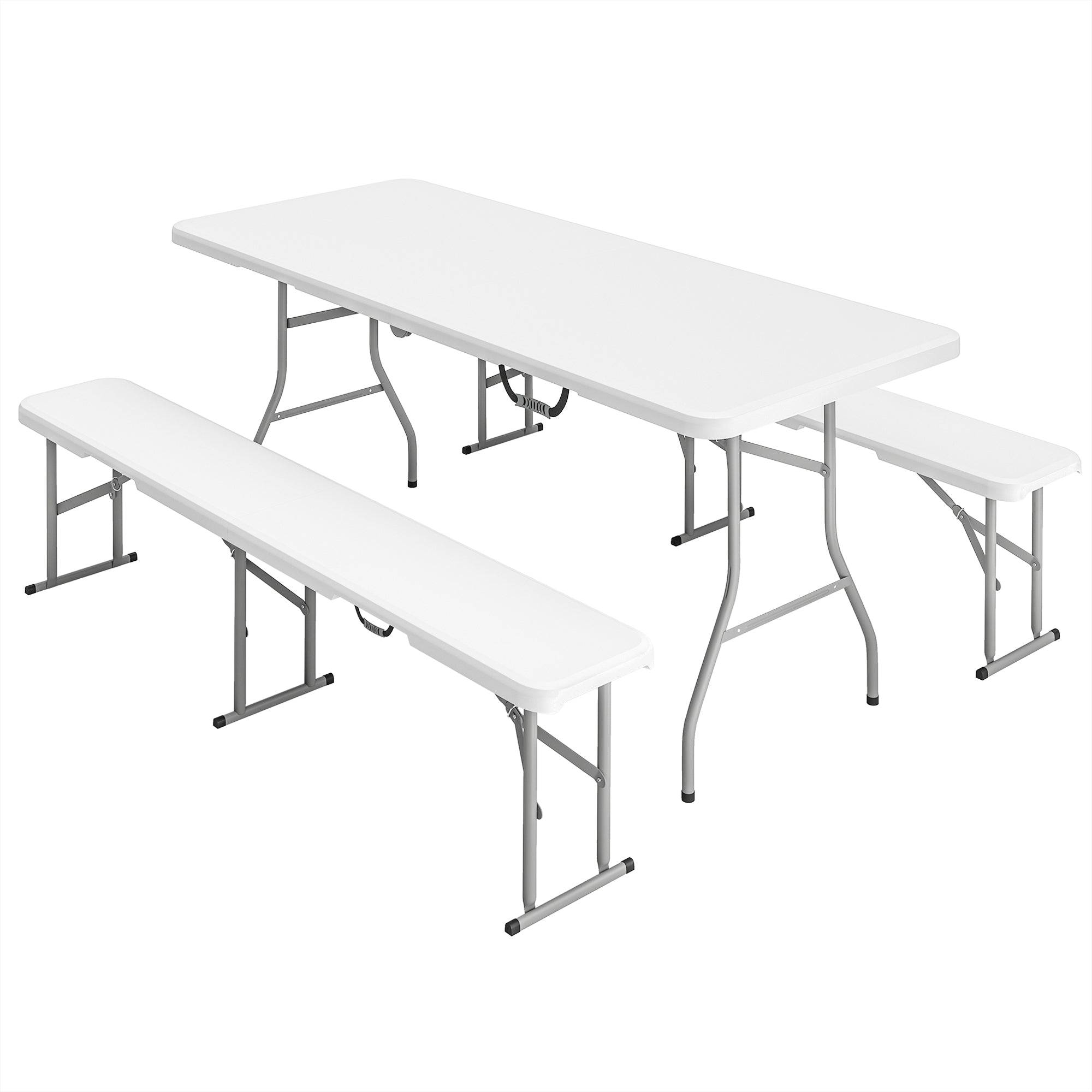 3-delt picnicbordsæt, 1 bord, 2 bænke, foldbart campingbord med bærehåndtag, plastik, metal, hvid