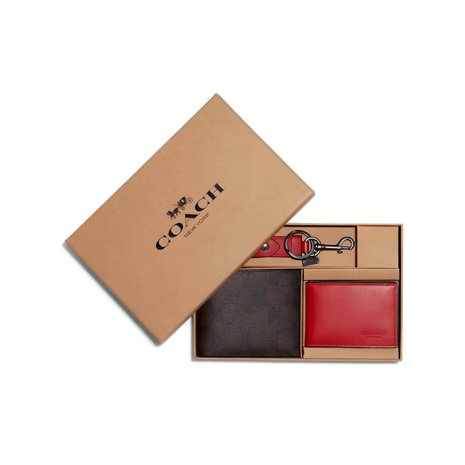 Coach 3 In 1 Wallet 11 Classic Monogram Foldable Short Wallet With Keychain Gift Box Men Wallet Brown Red C6790-QBTKA Basic Set (Bag+Dust Bag)