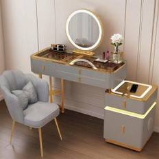 Sminkbord med lådor, sminkbord med trådlös laddningsstation och Bluetooth-högtalare, tvättställ med spegel och stol för sovrum, flickor och kvinnor (grå-guld, 80 cm)