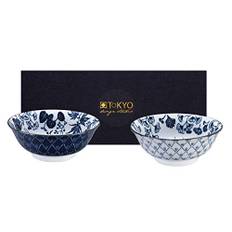 TOKYO design studio Flora Japonica 2 skålset blåvit, 20,3 cm, 8 cm hög, ca 1 000 ml, asiatiskt porslin, japansk blomdesign, inkl. presentförpackning