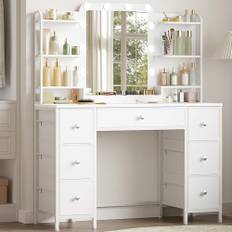 Hzuaneri Sminkbord med Led-Belysning, Sminkbord med Stor Hd-Spegel, 7 LåDor och 6 FöRvaringsstäLl, Sovrumsgarderob, Modern Vit DT42303XEU
