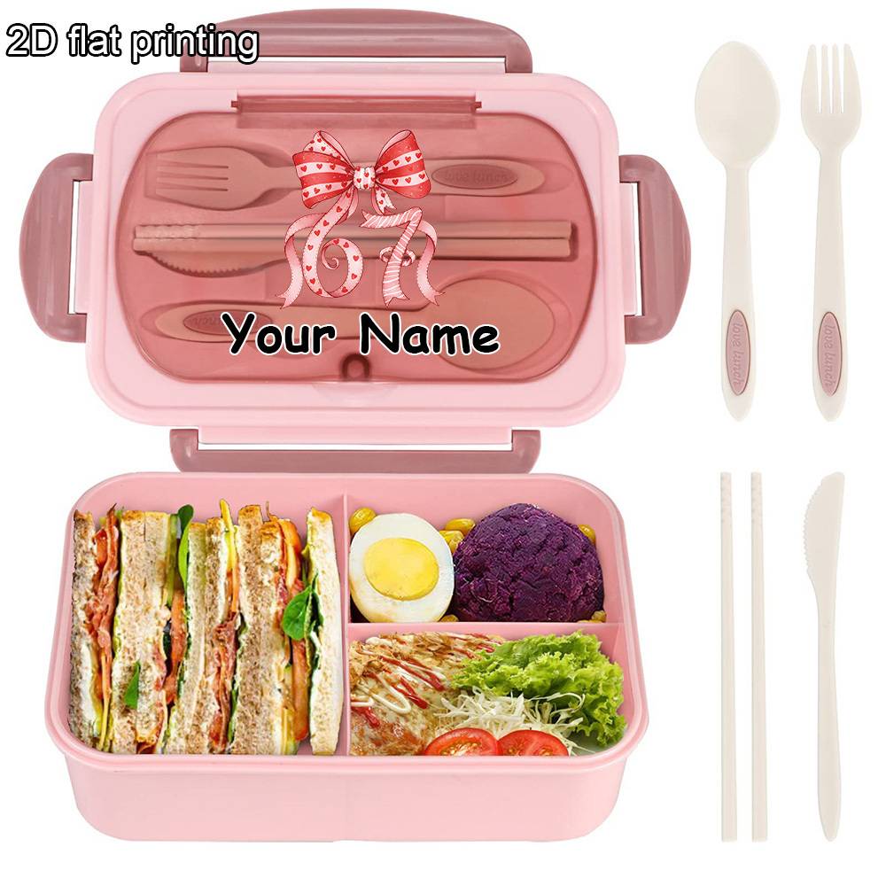 1pc Customizable Lunch Box With Name, Red Bowknot Themed Meal Prep Container For School , Portable Bento Box With Compartments And Utensils, Cute Cartoon Print Food Carrier