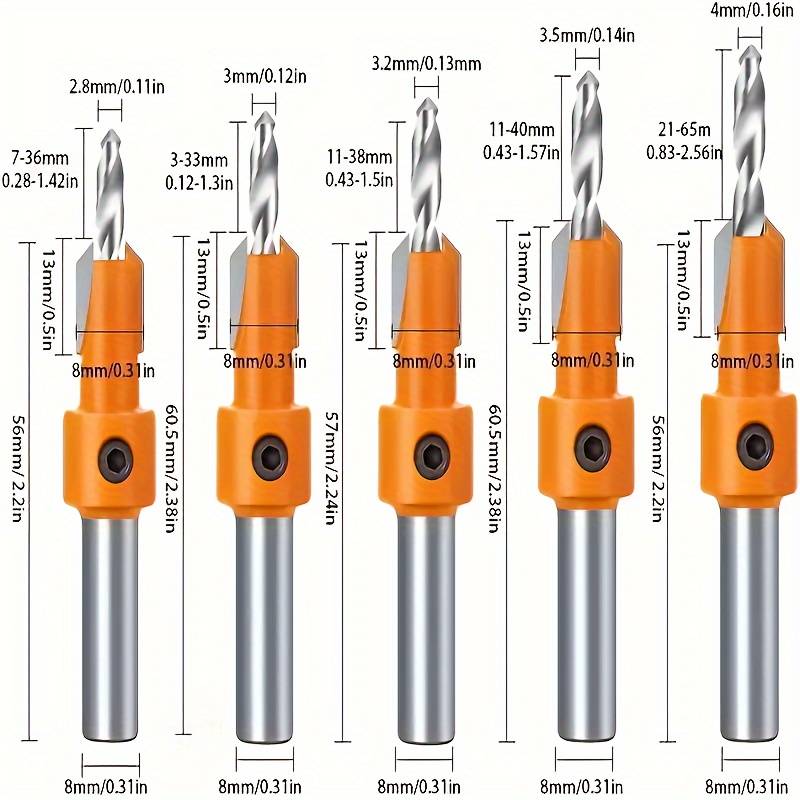 TEMU 5pcs Hss Woodworking Countersink Drill Bit Set, 8mm Round Shank, 2.8-4.0mm Conical Sizes, Drill Counterbore Router Bits For Screw, Hole Drilling And Opening Tools