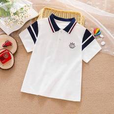 Pojkar Casual Kontrastfärgad Broderi Pikétröja, Kortärmad T-shirt Uniform Topp för små och stora barn, Ny sommarkollektion Barnkläder - Vitt (6Y,8Y,9Y,10Y,12Y)