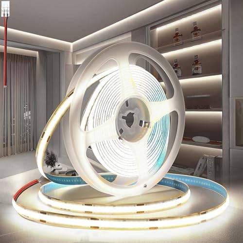 PERVADEO 12 V COB LED-remsa vit 6 000 K, 5 m självhäftande LED-remsa 320 lysdioder/m 8 mm bredd CRI90 flexibel LED-band, ljus underbyggnadsljus för TV, gör-det-själv-dekoration (utan strömförsörjning)