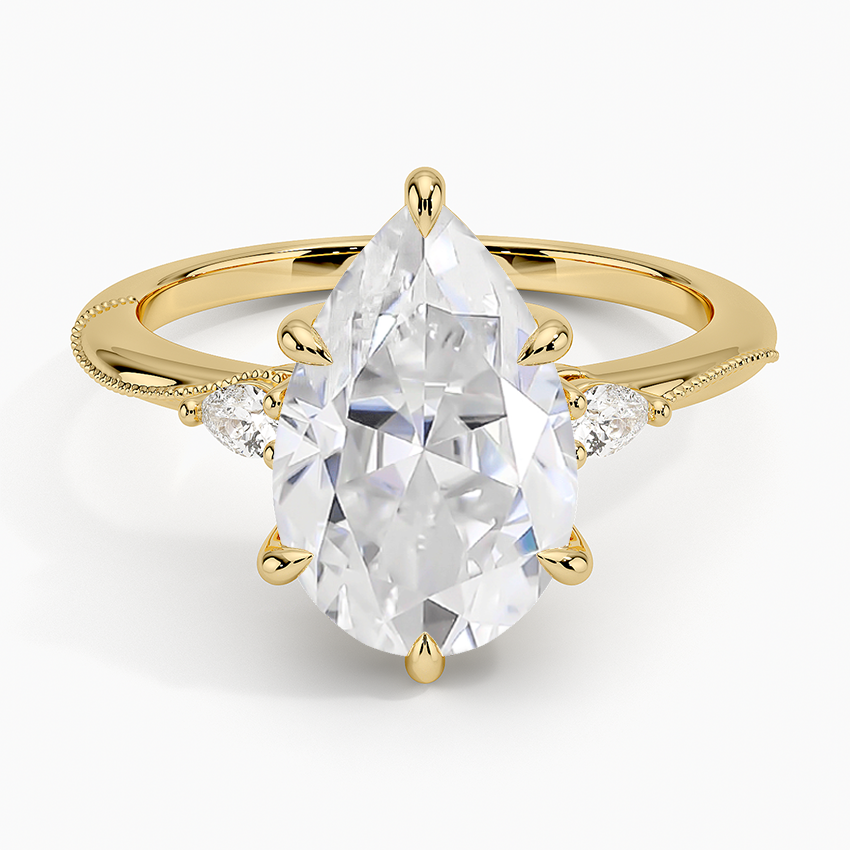 14K Yellow Gold Moissanite Camellia Three Stone Pear Diamond Ring