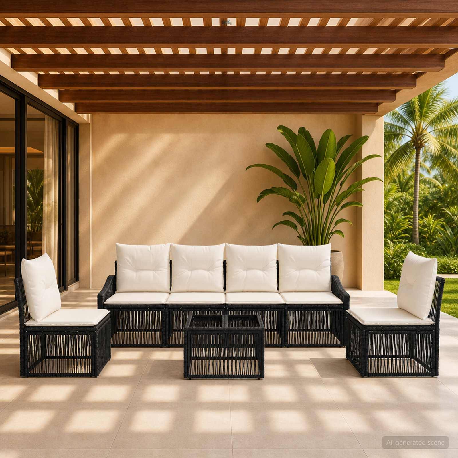 vidaXL Havesofa Sæt 7 stk. Sort polyrattan