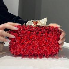Retro Beaded Evening Clutch Bag, Detachable Shoulder Strap, Solid Color Polyester Handbag With Buckle Closure, Box-Shaped Wallet Decoration, Suitable - Red