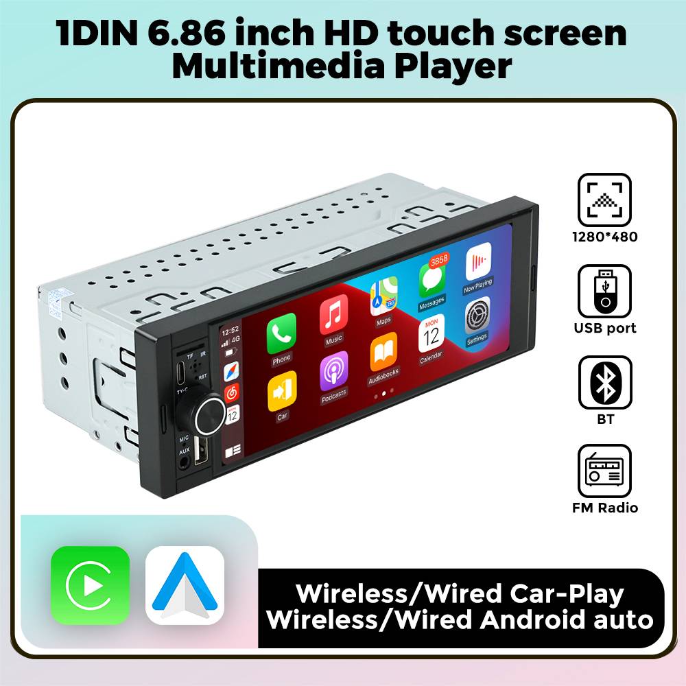 NaviFly 6.86" Touch Screen 1 Din Car Stereo Multimedia Player Wireless CarPlay Android Auto Universal 1DIN MP5 Player FM Radio