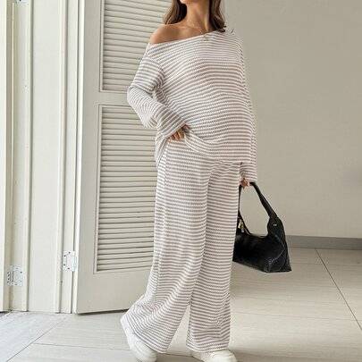 Maternity 2-delat set med asymmetrisk randig topp och långbyxor med justerbar midja, casual för vardagsbruk - Kaki (L,M,S,XL,XS,XXL,XXS,XXXL,XXXXL)