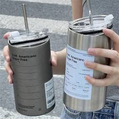 Coffee Cup Thermos 304 Stainless Steel Double -layer Cooler Straw Cup Portable Reusable Ins Ice American Coffee Mug Water Bottle as shown