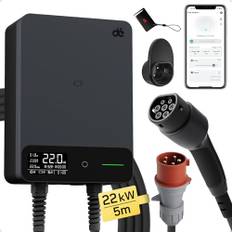 dé Typ 2 Wallbox 22kW med APP och RFID, 6-32A 3-Fas Elbil Laddare Wifi 400V med 5m Laddkabel och Kabelhållare för BEV/PHEV, RCD Typ B och IP54-Skydd, Effektiv Laddstation för Hemmet, Svart