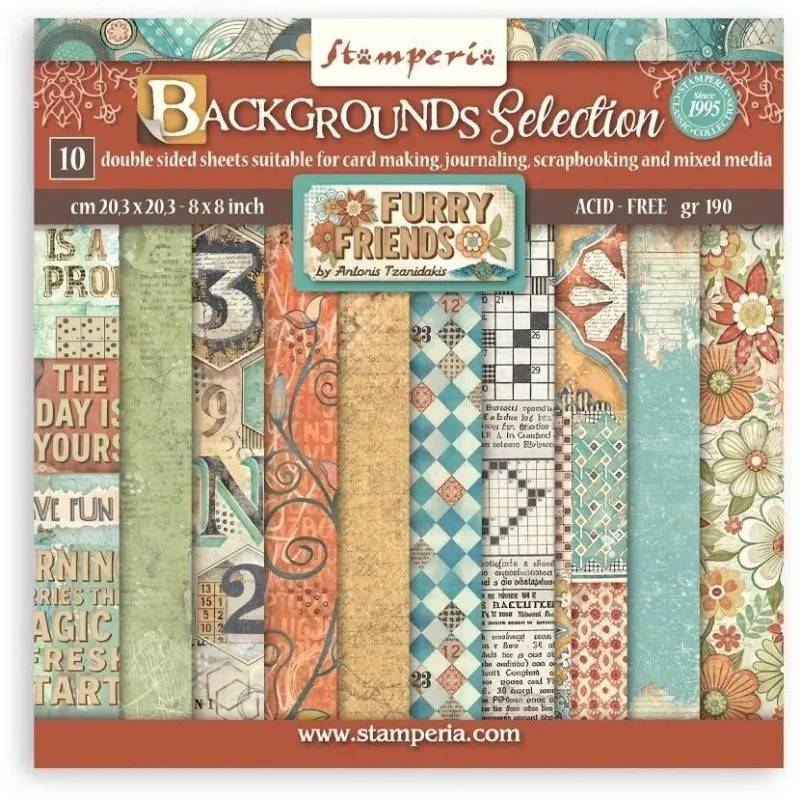 Stamperia 8”x8” Paper Pack - Furry Friends Maxi Backgrounds Selection (10 sheets)