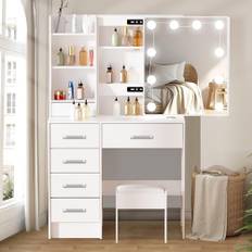 Aovquof Sminkbord med Hollywood LED-belysning, sminkbordsset med spegel och pall, tvättställ med 6 lådor och 3 öppna fack, vitt modernt tvättställ för sovrummet