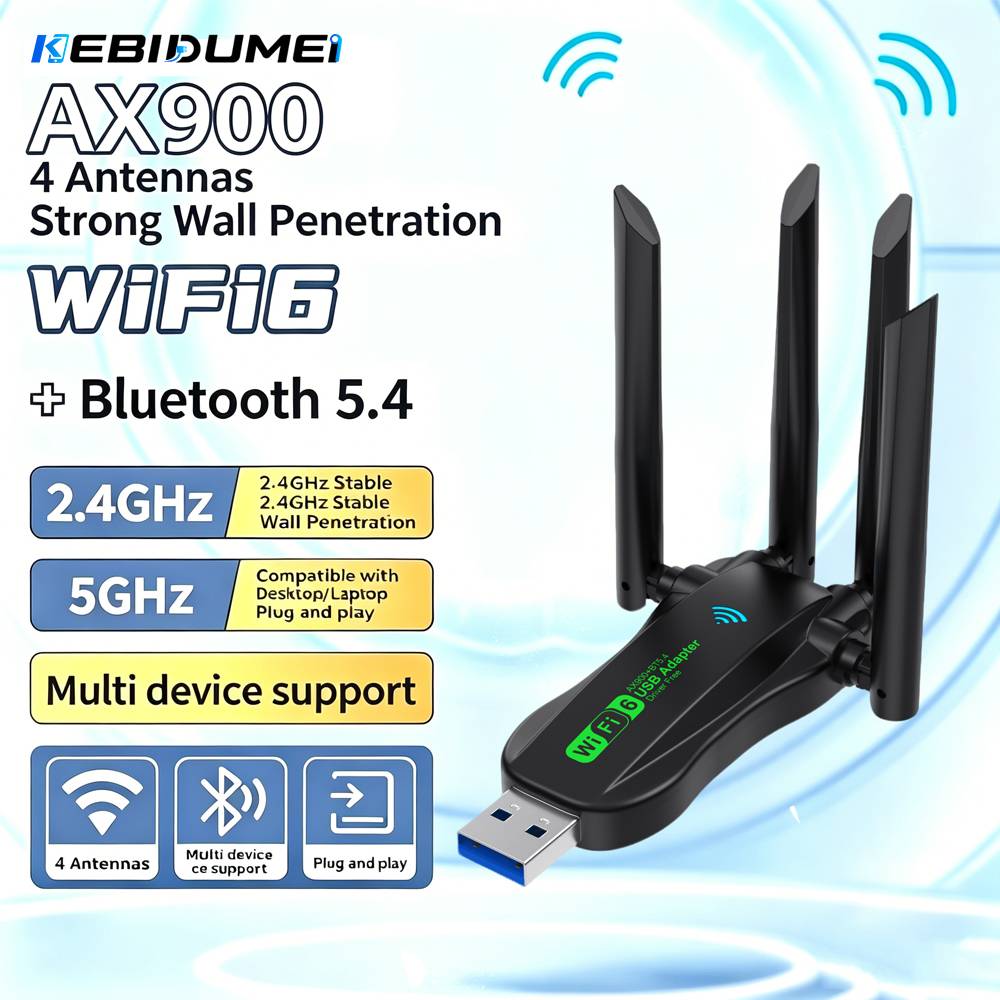KEBIDUMEI WIFI6 Bluetooth 5.4 USB Wireless Adapter 2.4G/5Ghz 900Mbps Dual Band 4-Antennas WiFi Network Card Dongle For WIN10/11