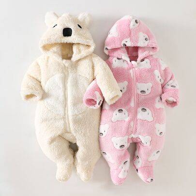2 st. mysig fleecejumpsuit med koalamönster och broderi för nyfödda, tjock och varm outfit för höst/vinter - Multifärgad (6-9M,9-12M,0-1M,1-3M,3-6M)
