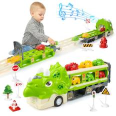 snookids Dinosaurie lastbil leksak för barn – vikbar racerbana transporter leksak med 6 dino-bilar, lastbilar barnleksaker, presenter för pojkar flickor från 3 4 5 6 7 år