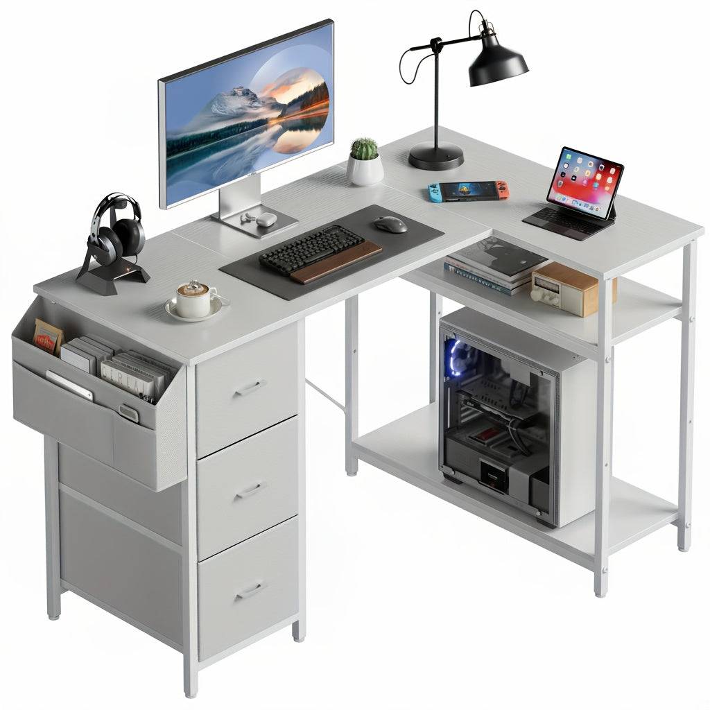 L-Shaped Gaming Desk Measuring 47 by 139.7 cm, Featuring Three Fabric Drawers for Storage. - 120cm / White (120cm)