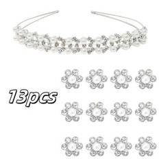 13-delars set, hårband med diamanter och pärlor + minihårspänne med strassblomma, söt hårspänne med vita pärlor, liten dekoration, lämplig för hårspän - Multifärgad