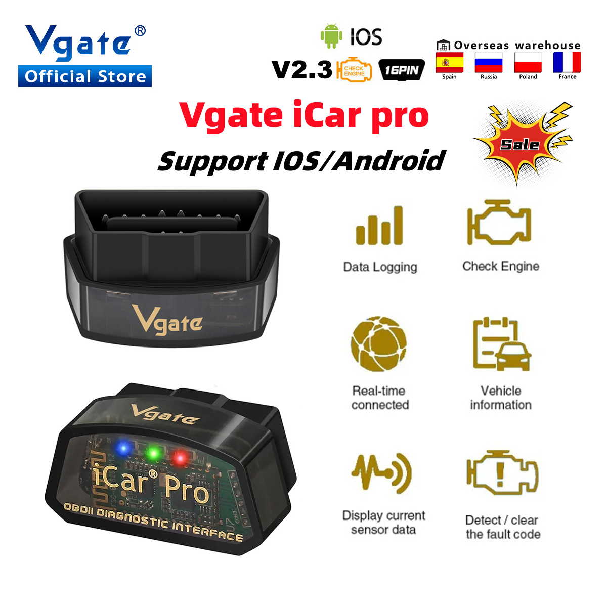 Vgate ICar Pro Bluetooth 4.0 OBD 2 ELM327 V2.3 ICar2 OBD2 Scanner ELM 327 ODB2 For Android/IOS Car Diagnostic Auto Tool