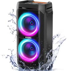 W-KING 100W(220W Top) Bluetooth-högtalare V5.3, högt portabel IPX6 vattentät partyhögtalare med djup bas/115dB stort ljud/DSP, upplyst karaoke utomhusboombox/mikrofon och gitarrport/ECHO/USB-port