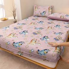 1pc Bluey Cartoon Print Fitted Sheet, Bedding, Double Bed Sheets Set, Home Decor, Mattress Protector, Bed Cover, Bed Sheets, Cozy Home Textile, Breath - Pink - Multi-size