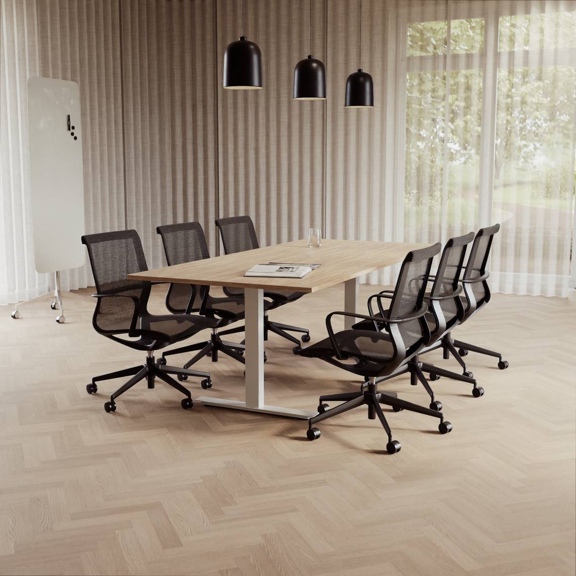 Konferensgrupp Modul + Ergo 285, Storlek 6 platser (220 cm), Bordsskiva Ek, Underrede Vit, Stol Svart